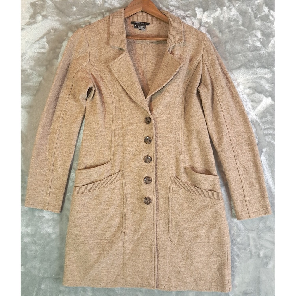 Etcetera Womens Merino Wool Sweater M Beige Camel Knit Duster Blazer Coatigan